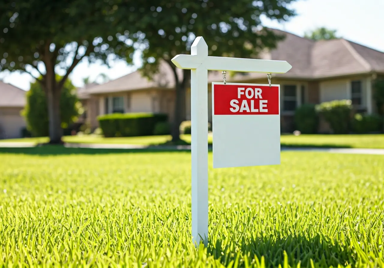 A for sale sign on a suburban house lawn. 35mm stock photo