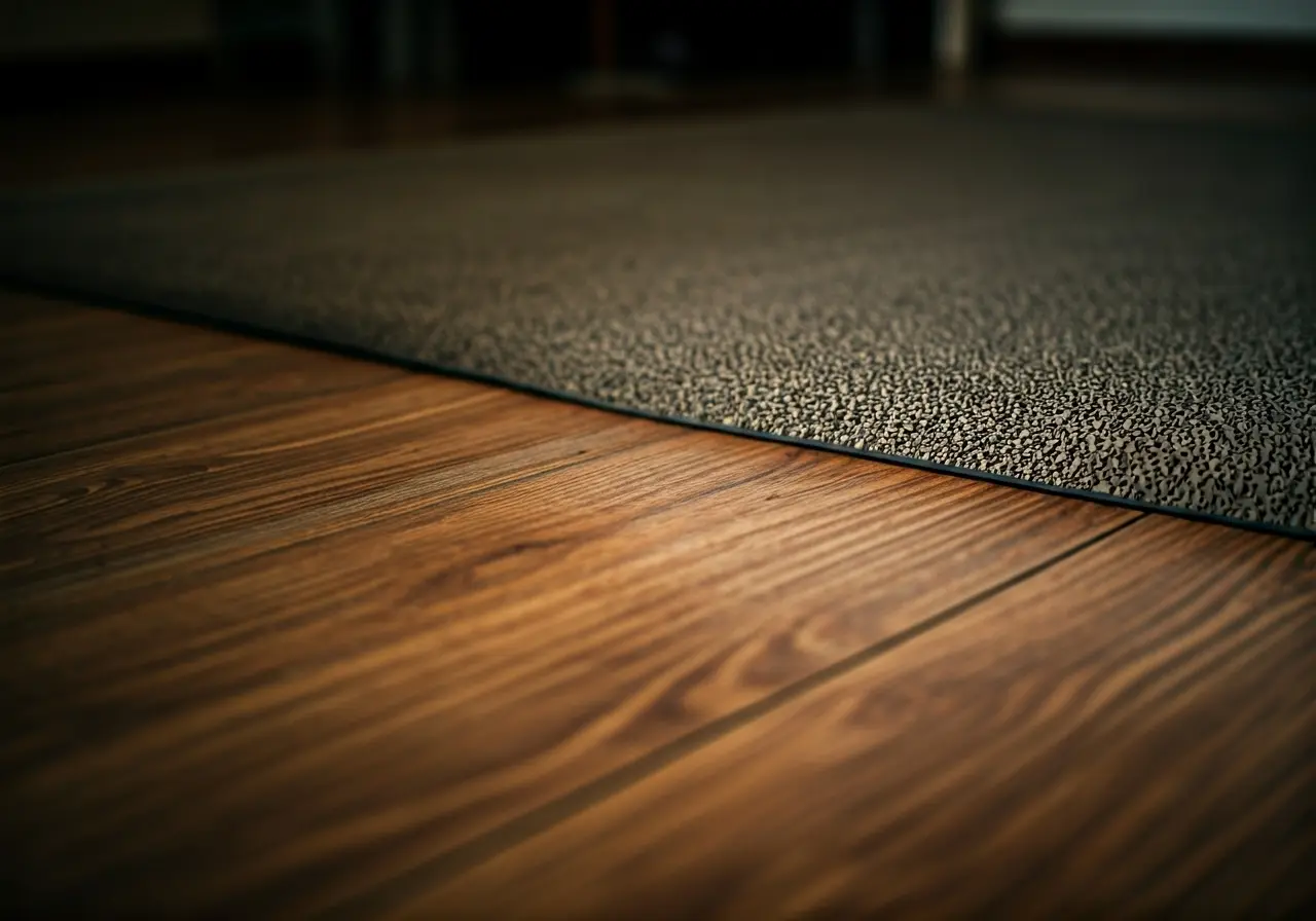 A close-up of a grounding mat on a wooden floor. 35mm stock photo