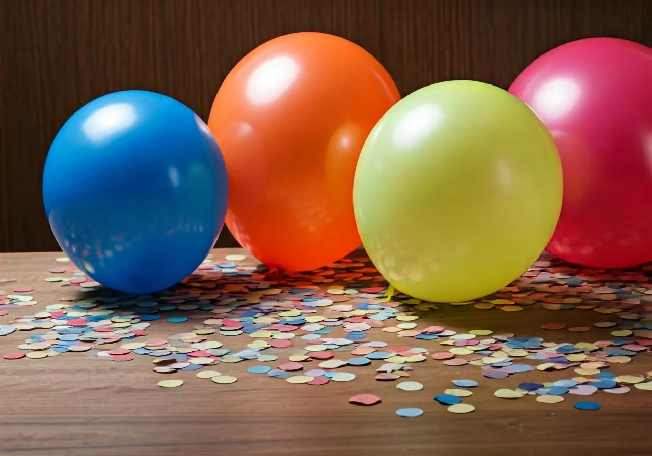 A colorful assortment of balloons and confetti on a table. 35mm stock photo