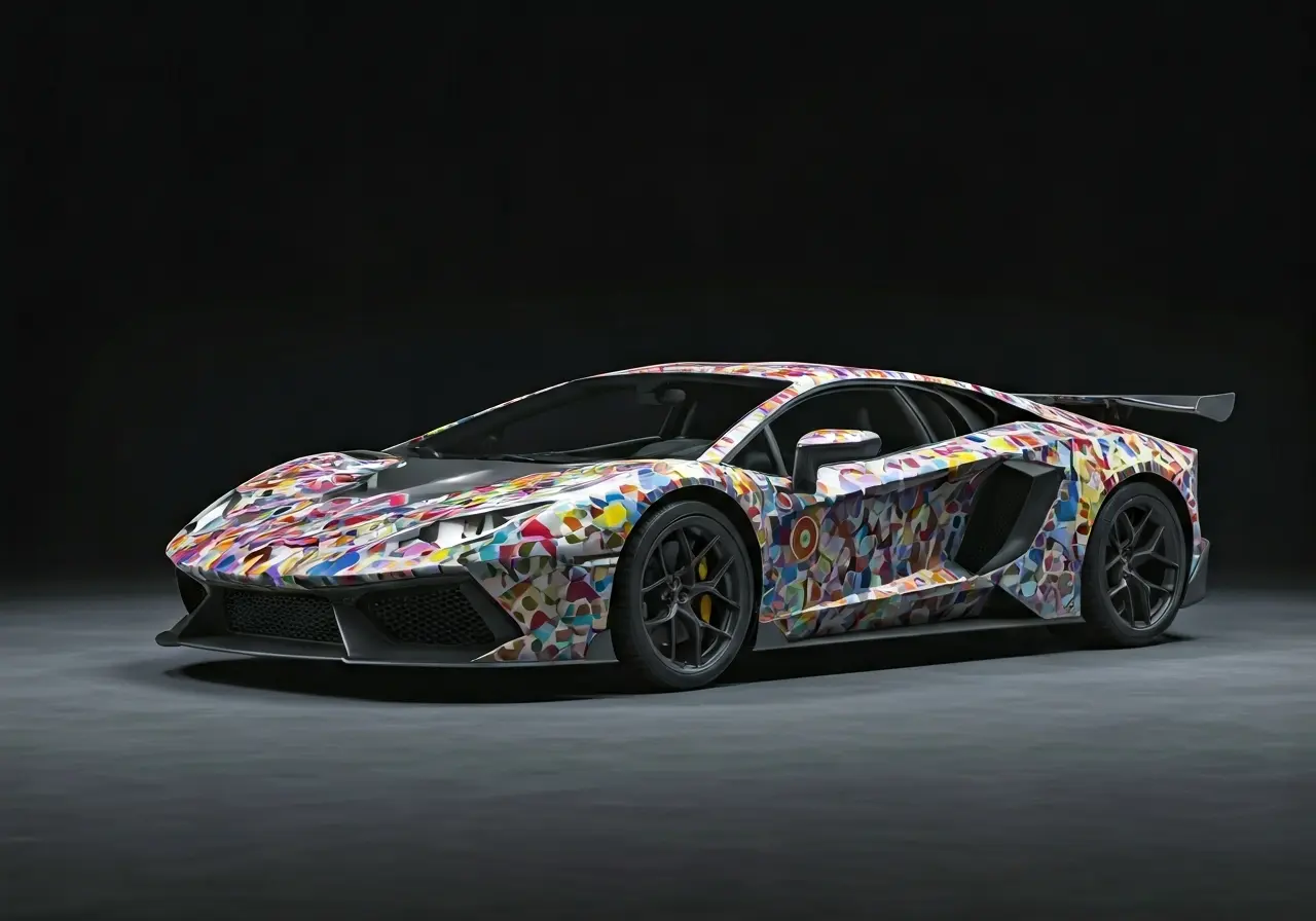 A sleek sports car with vibrant, eye-catching graphics. 35mm stock photo