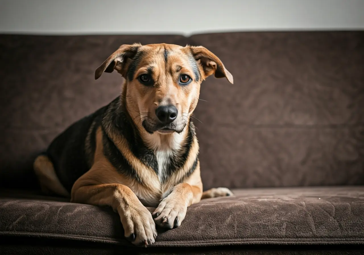 A calm dog sitting quietly on a cozy couch. 35mm stock photo