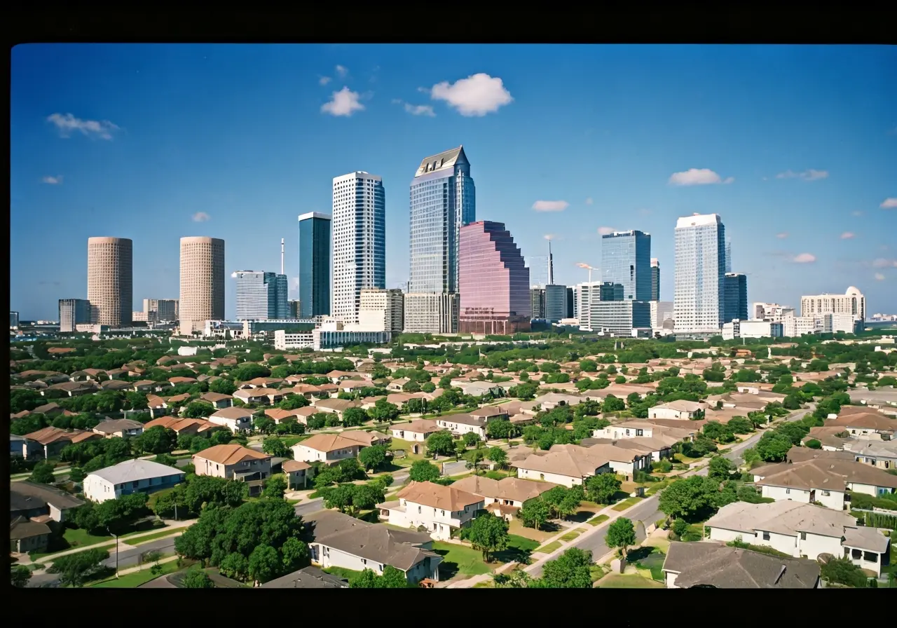 Aerial view of Tampa skyline with suburban homes in foreground. 35mm stock photo