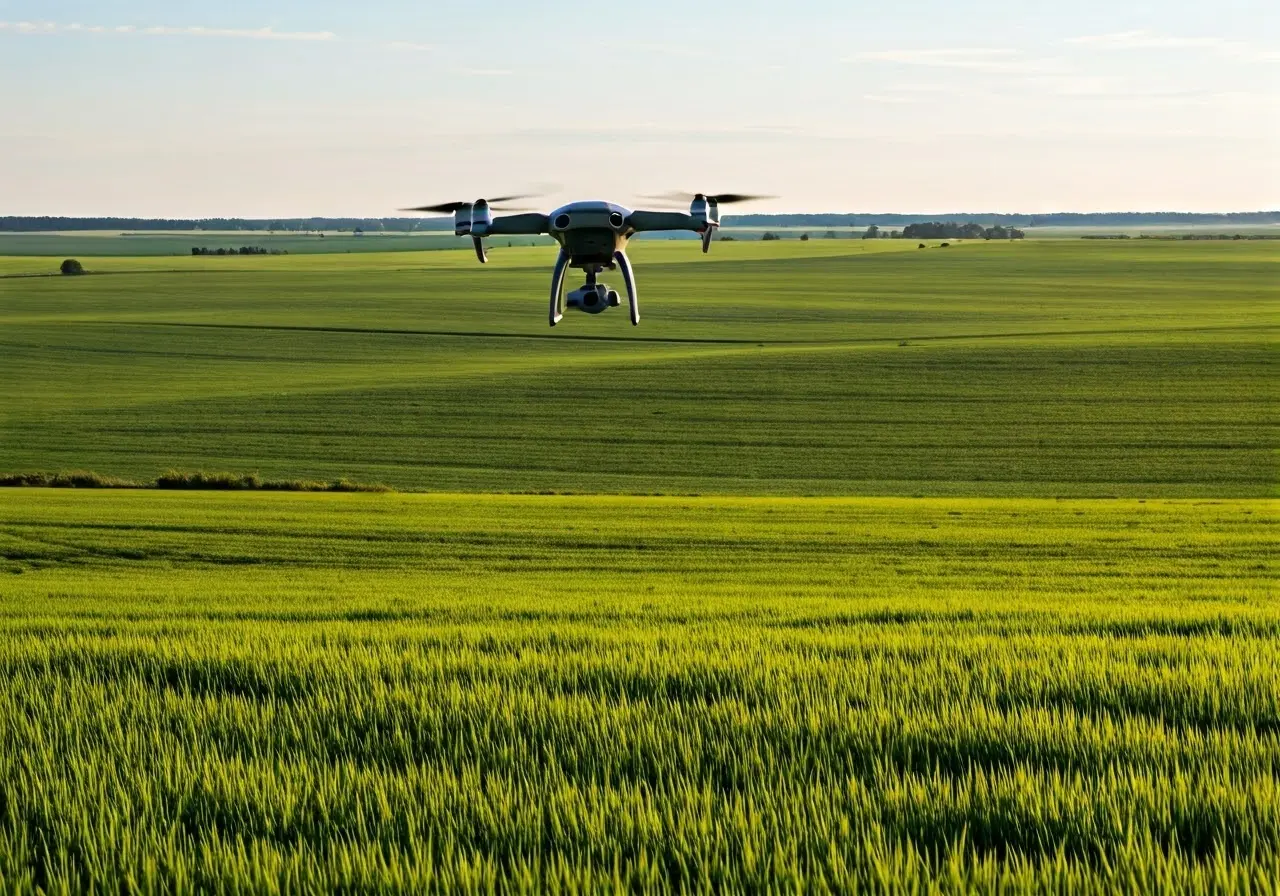 A drone flying over a vast, lush green farm field. 35mm stock photo
