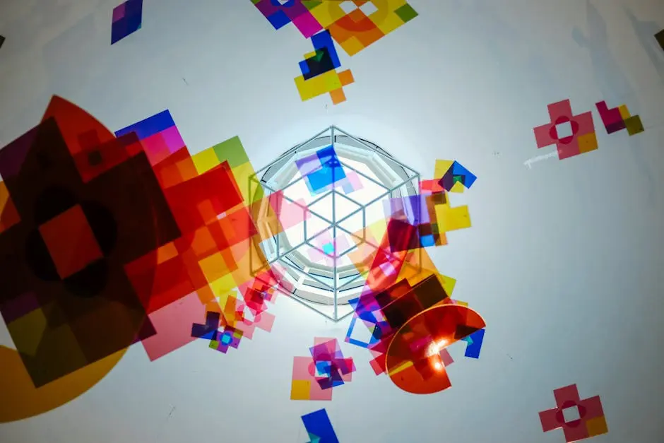 Creative colorful wallpaper with various multicolored geometric figures arranged on white background