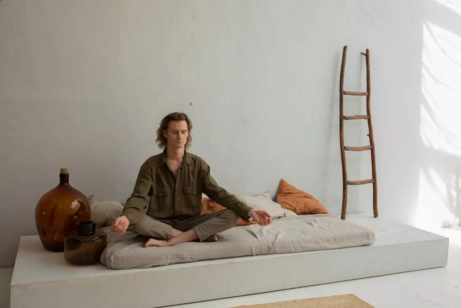 Man meditating in serene home environment, embracing tranquility and mindfulness.