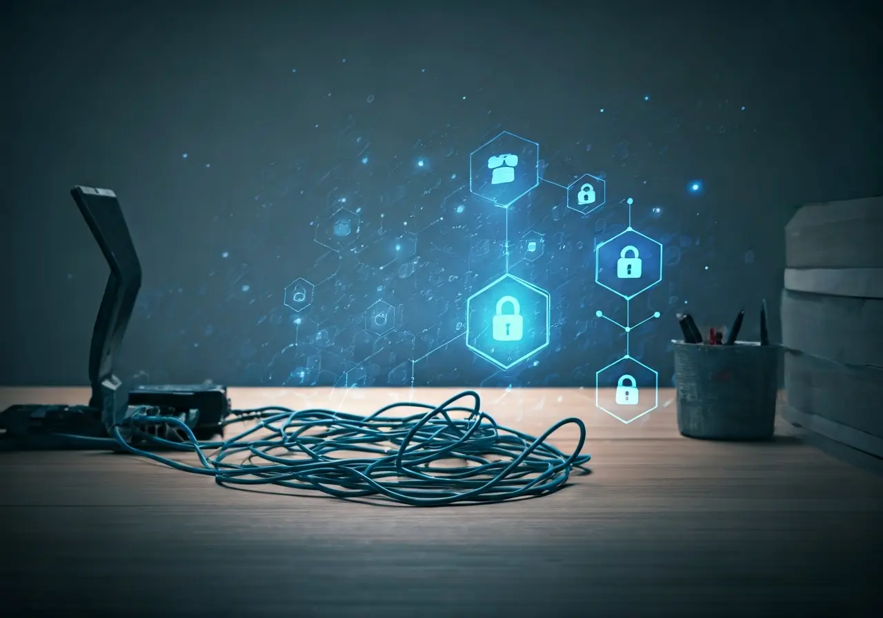 A small office with network cables and cybersecurity icons. 35mm stock photo