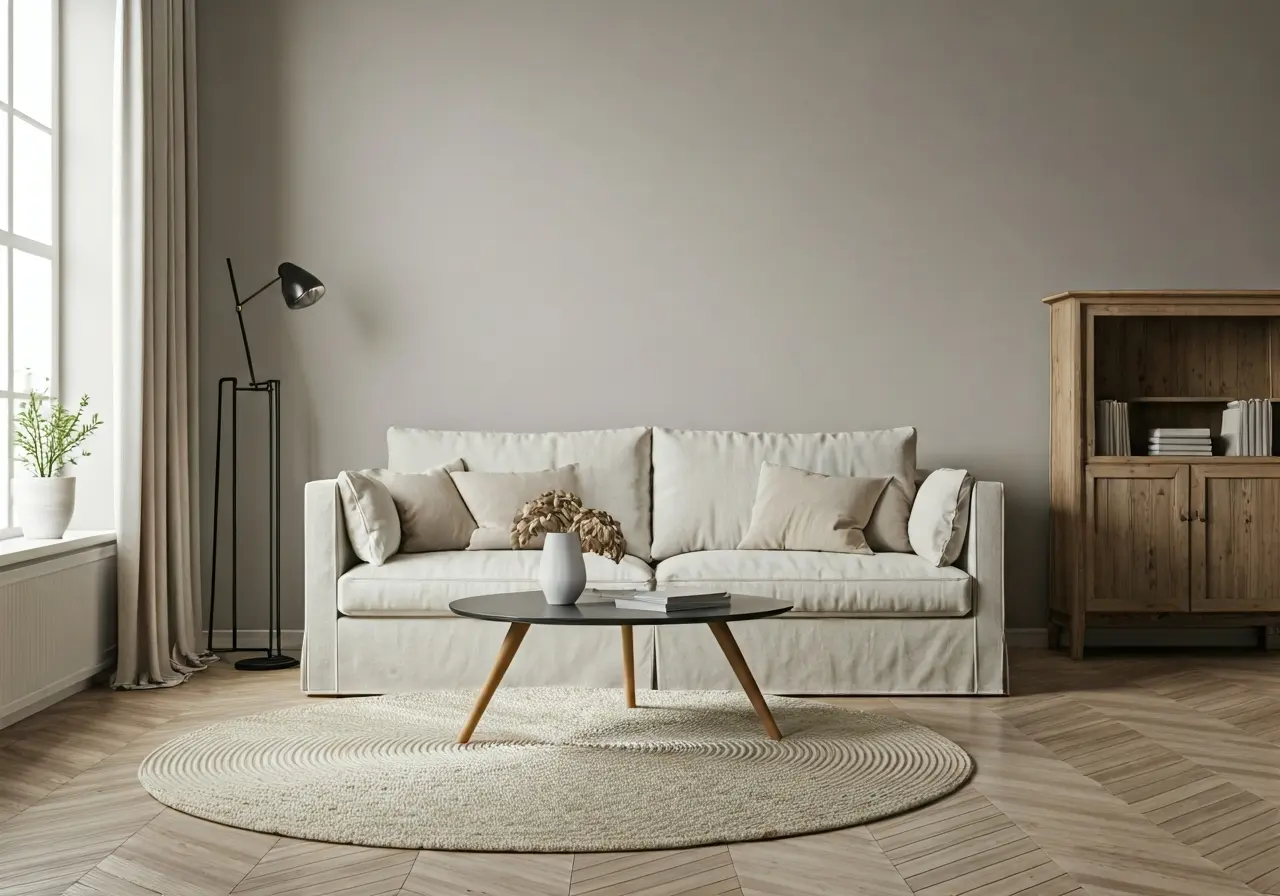 A cozy minimalist living room with neutral-colored decor. 35mm stock photo