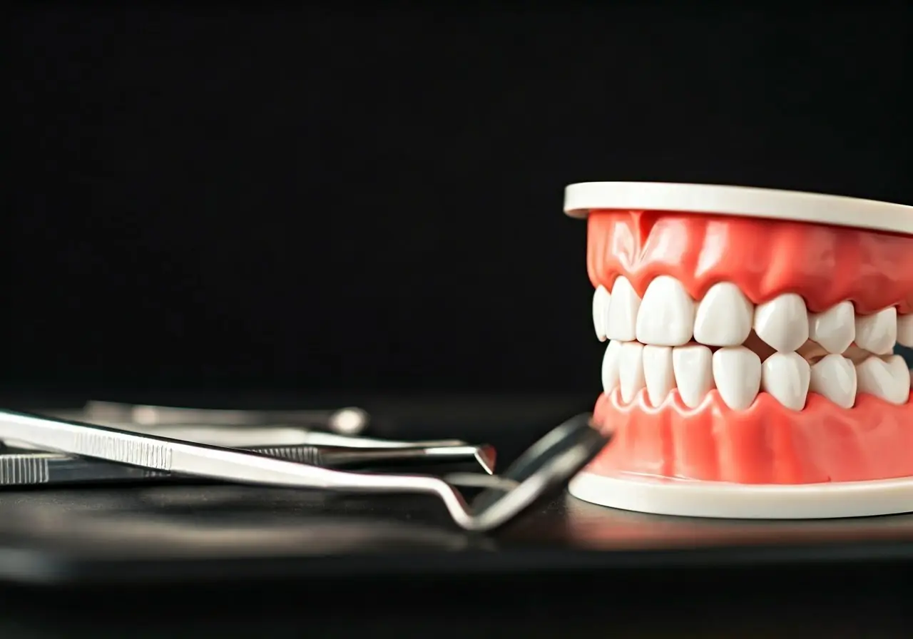 Close-up of dental tools and a model of healthy gums. 35mm stock photo