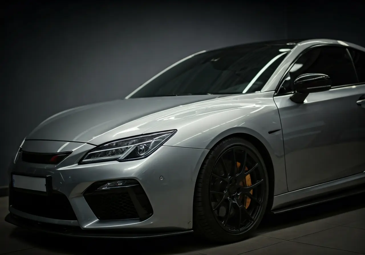 A sleek car receiving a high-end detailing treatment. 35mm stock photo