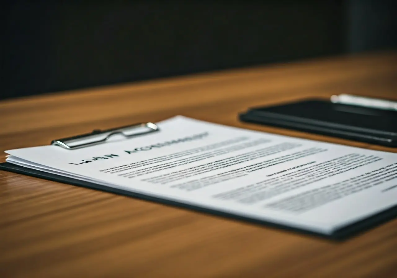 A close-up of a signed loan agreement document on a desk. 35mm stock photo