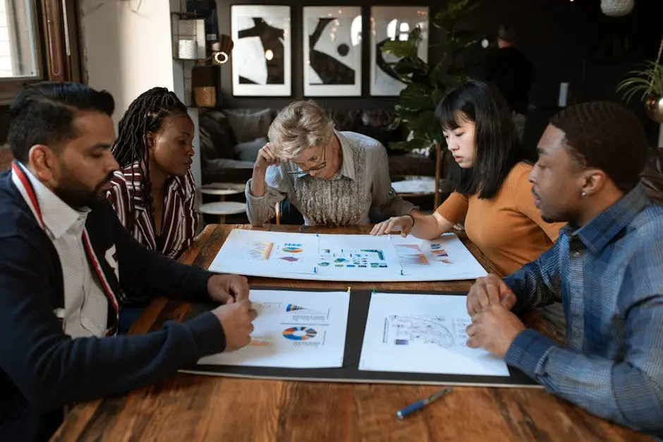 A diverse group of professionals engaged in a collaborative meeting in a modern office setting. small business consulting