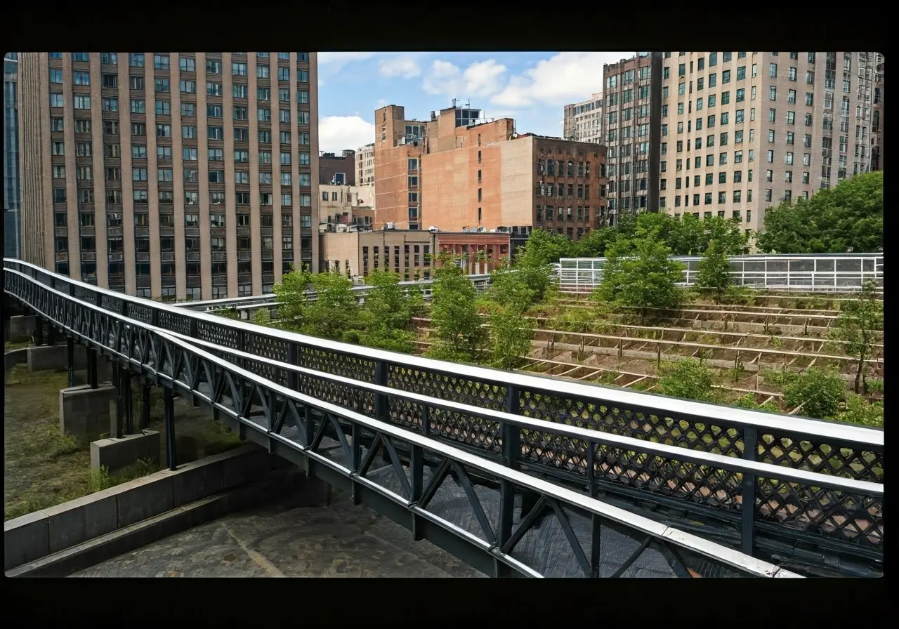 Aerial view of Chelsea’s iconic High Line and urban landscape. 35mm stock photo