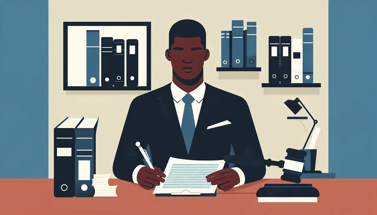 Draw a graphic in flat design style. A professional attorney sitting at a desk with legal documents and a gavel, symbolizing readiness for court, in a minimalistic flat design style.