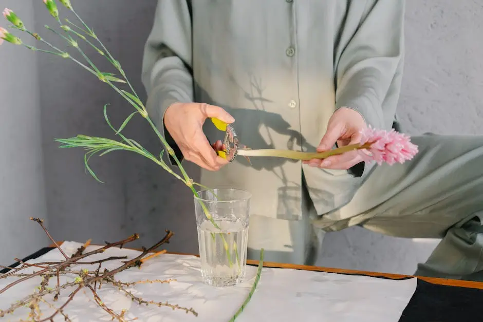 A person trims flowers for a floral arrangement, emphasizing creativity and mindfulness.
