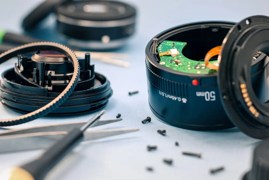 Close-up of camera lens components with tools, showcasing detailed repair and maintenance process.
