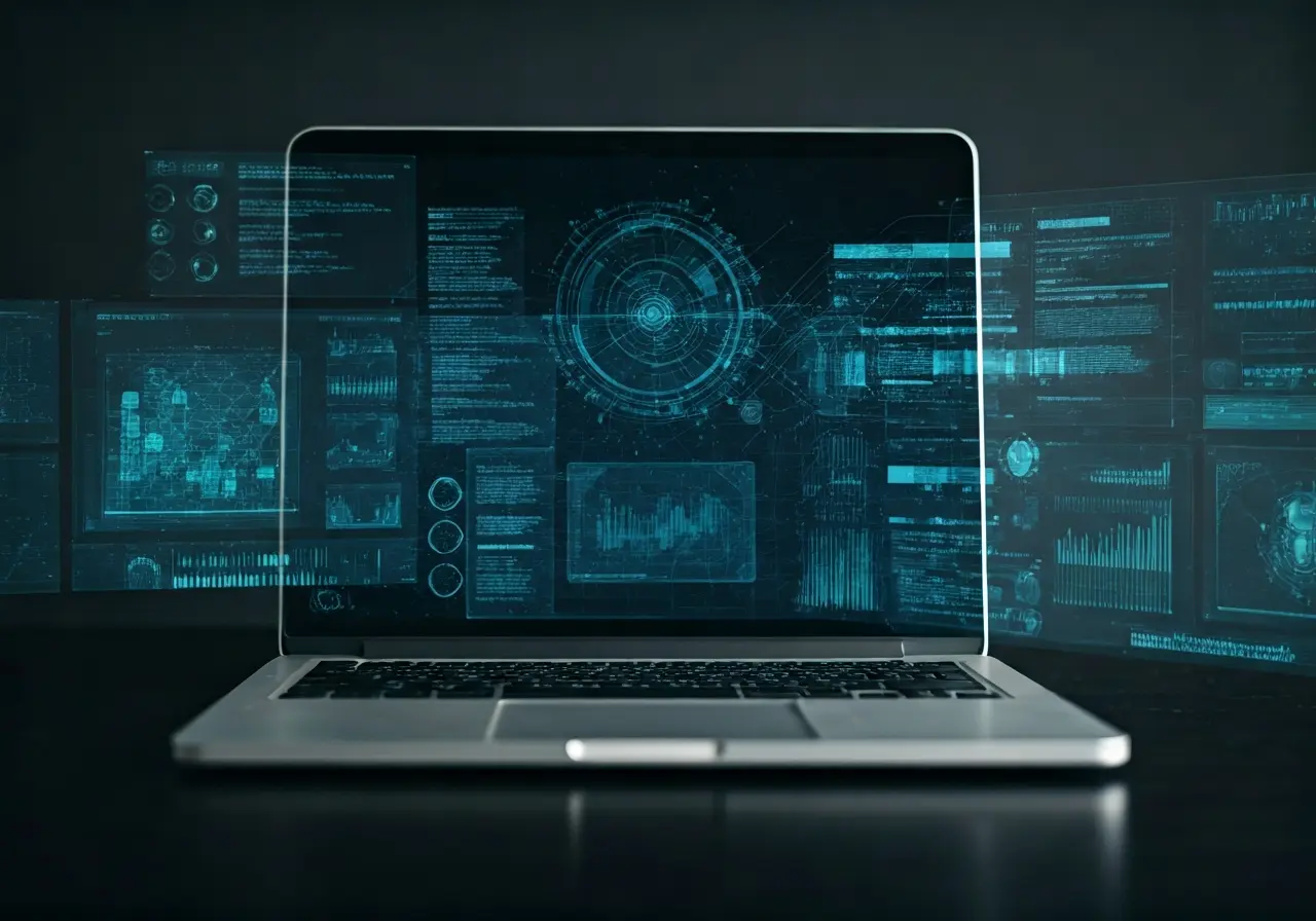 A laptop displaying complex cybersecurity software amid digital data streams. 35mm stock photo