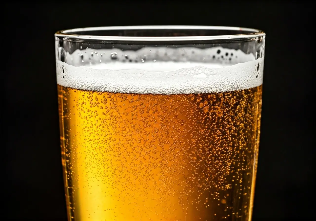 A close-up of a cold, frothy non-alcoholic beer in a glass. 35mm stock photo