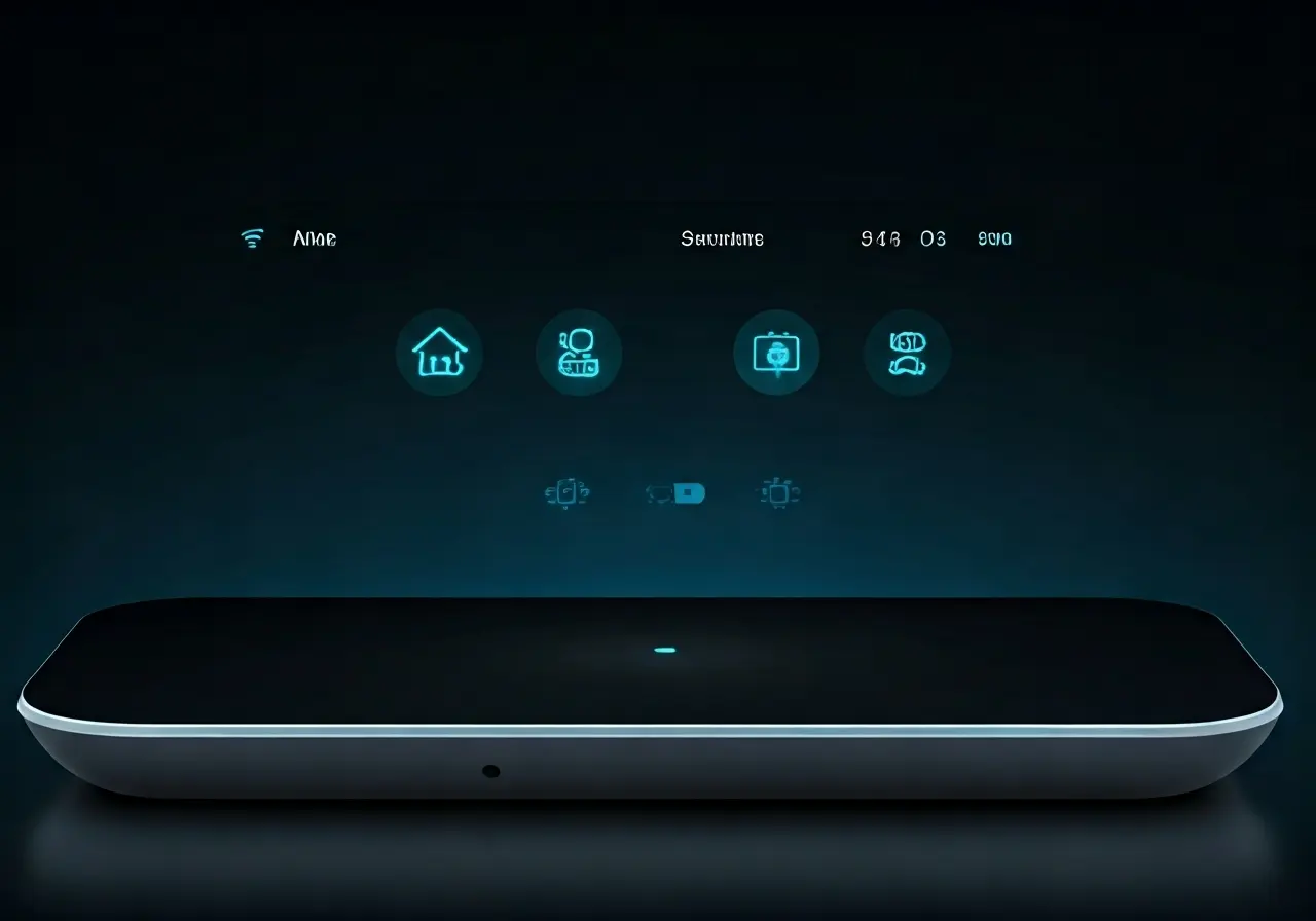 A sleek smart home hub with glowing interface and icons. 35mm stock photo