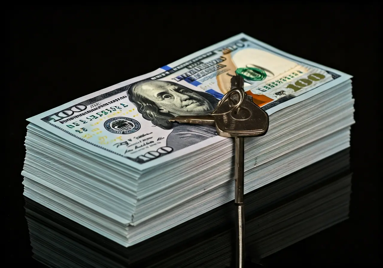 A stack of hundred-dollar bills with a house key. 35mm stock photo