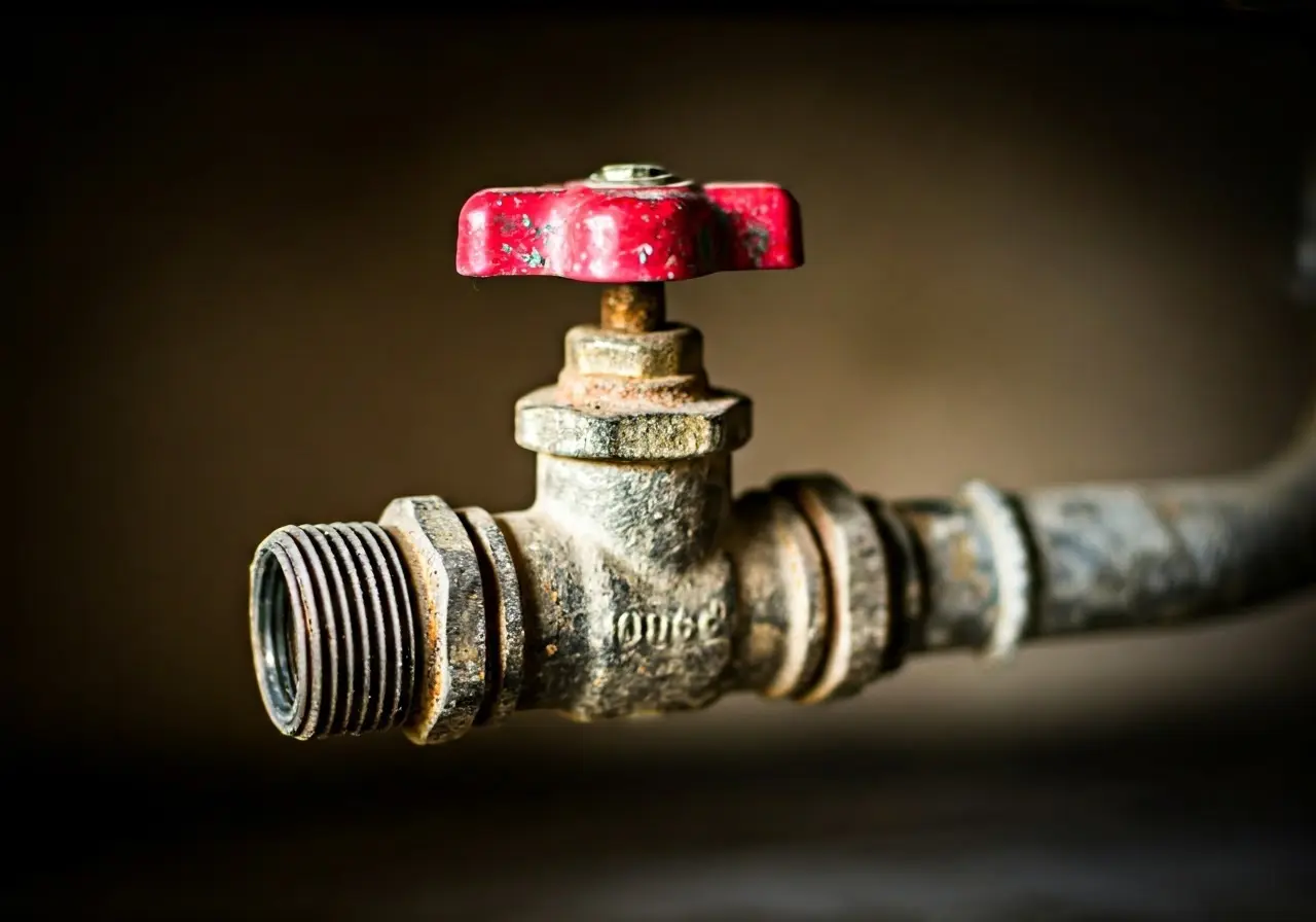 A rusty, old water valve under a kitchen sink. 35mm stock photo