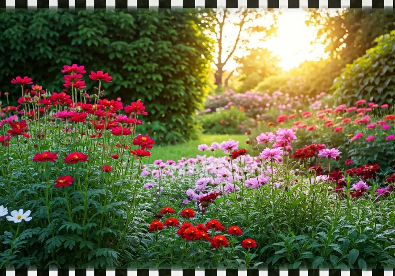 A serene garden with blooming flowers and gentle sunlight. 35mm stock photo