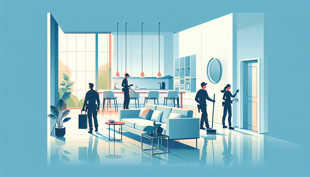 Draw a graphic in flat design style. A minimalist flat design of a bright, modern living room transitioning into a sleek, open-concept kitchen with a team of three silhouetted workers making adjustments.