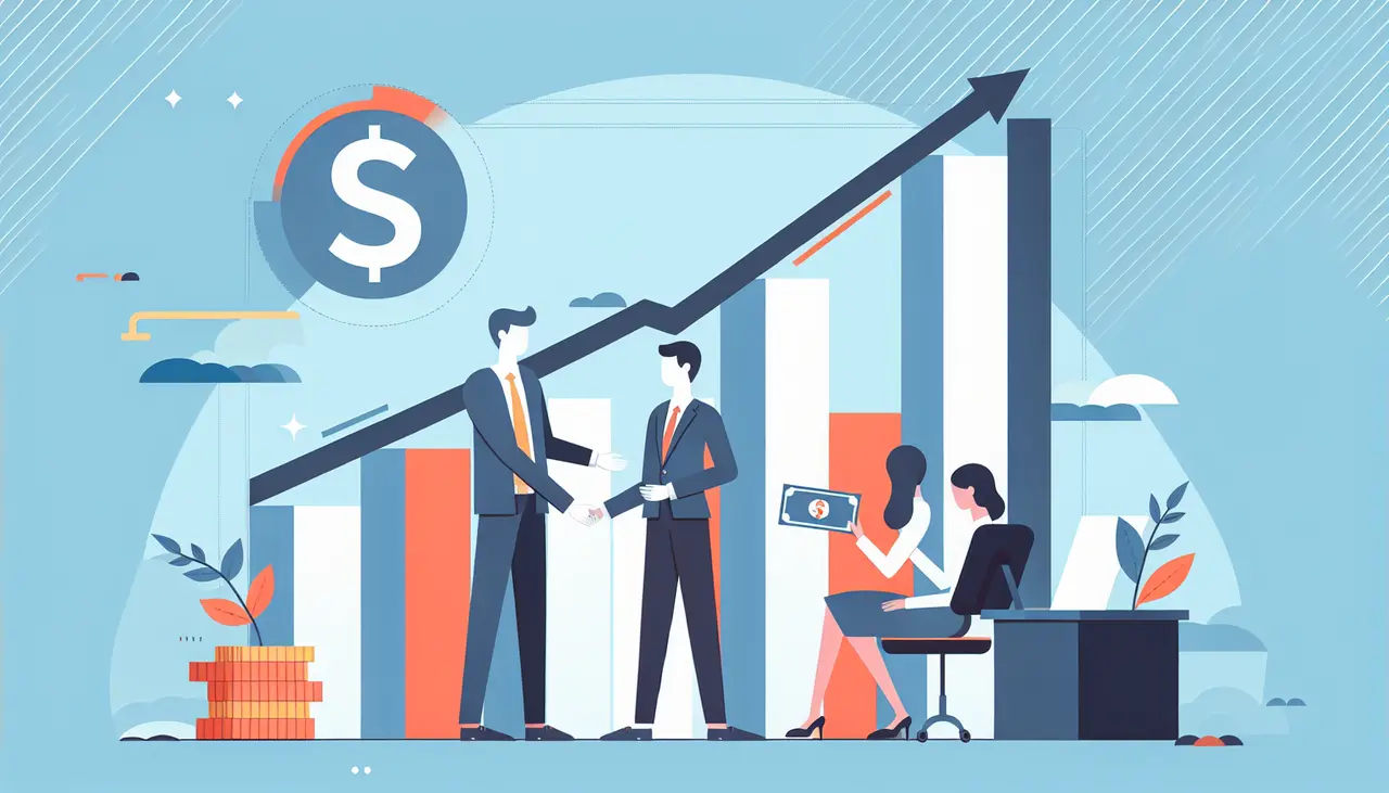 Draw a graphic in flat design style. A minimalist flat design image showing two business professionals exchanging an invoice and money with a large bar graph and a dollar sign in the background.
