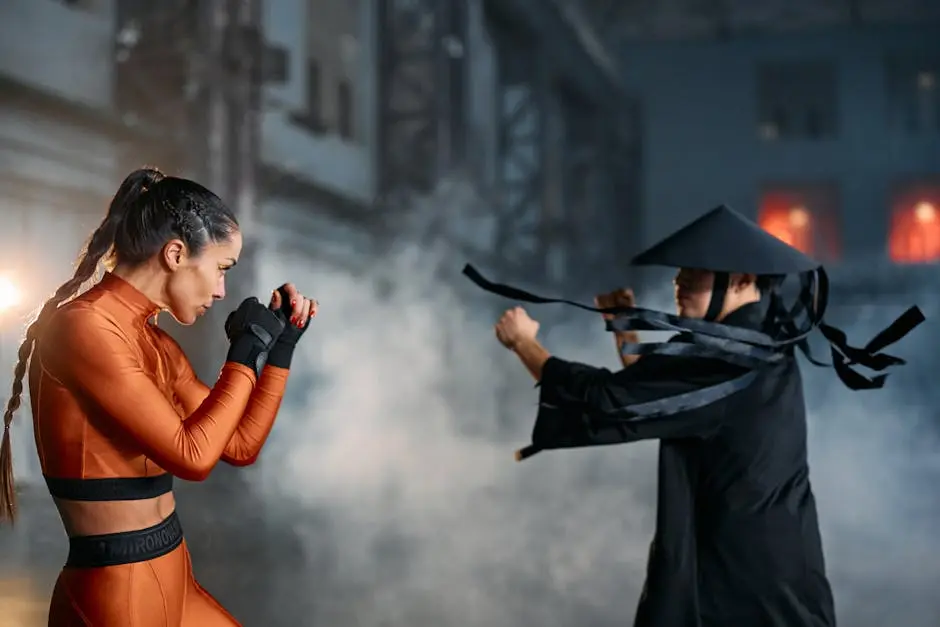 Two martial artists in a dramatic fight pose surrounded by smoke in an industrial setting.