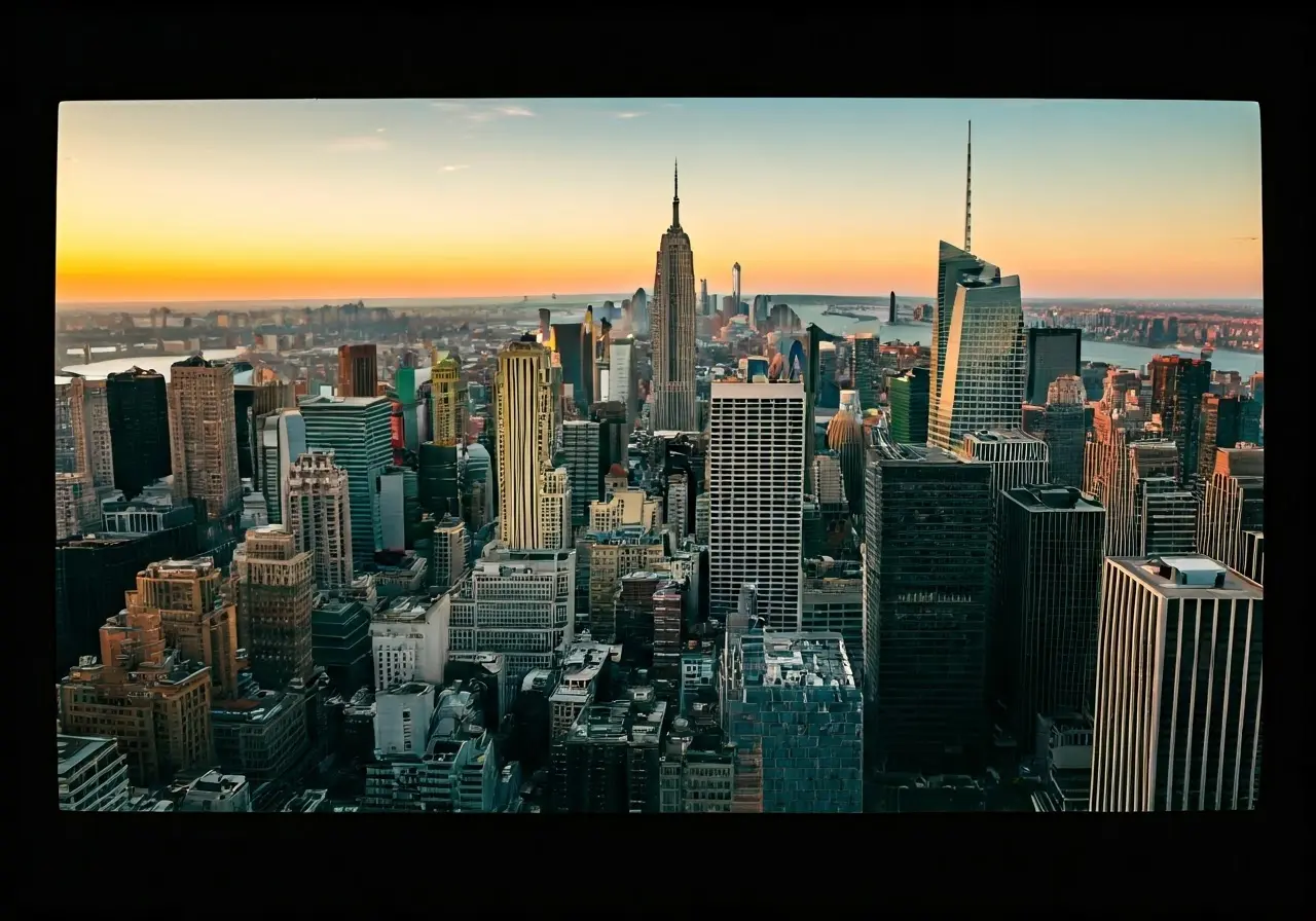 Aerial view of New York City skyline at sunset. 35mm stock photo