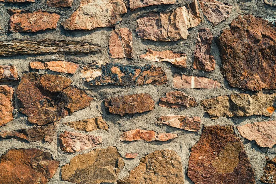 Close-up texture of a rustic stone wall with varied colors and rough surface.