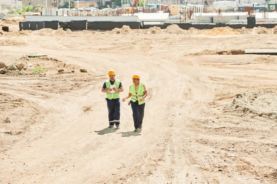 Two workers in safety gear walking across a construction site under a clear sky.