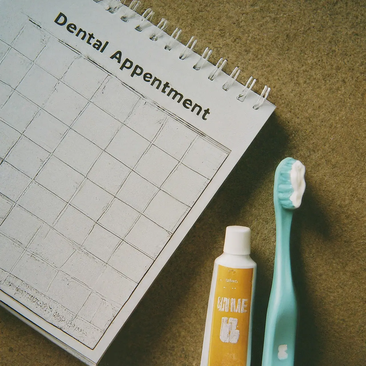 A child’s toothbrush and toothpaste next to a dental appointment calendar. 35mm stock photo