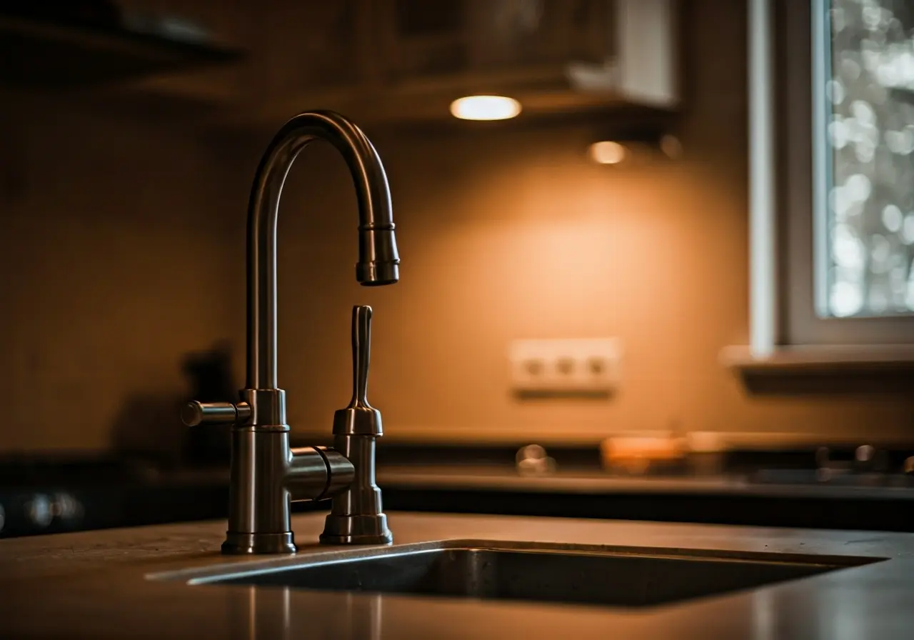 A modern kitchen with a shiny, stainless steel water faucet. 35mm stock photo
