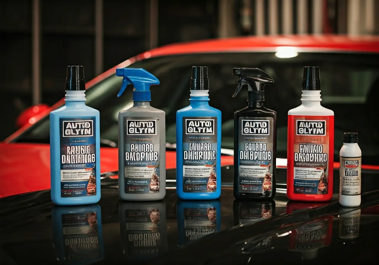 A collection of Autoglym products displayed on a clean car. 35mm stock photo