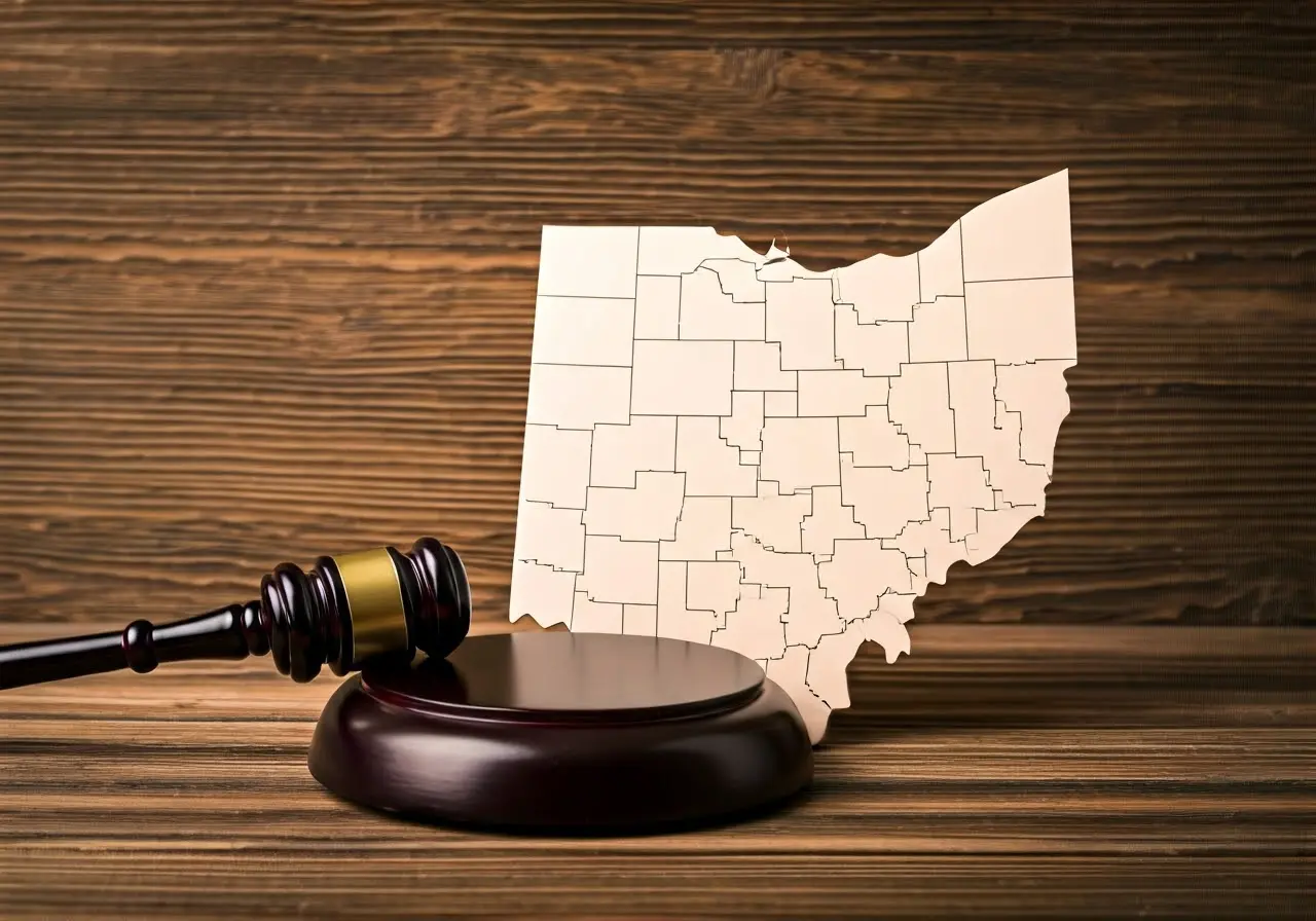 A gavel and Ohio state map on wooden table. 35mm stock photo