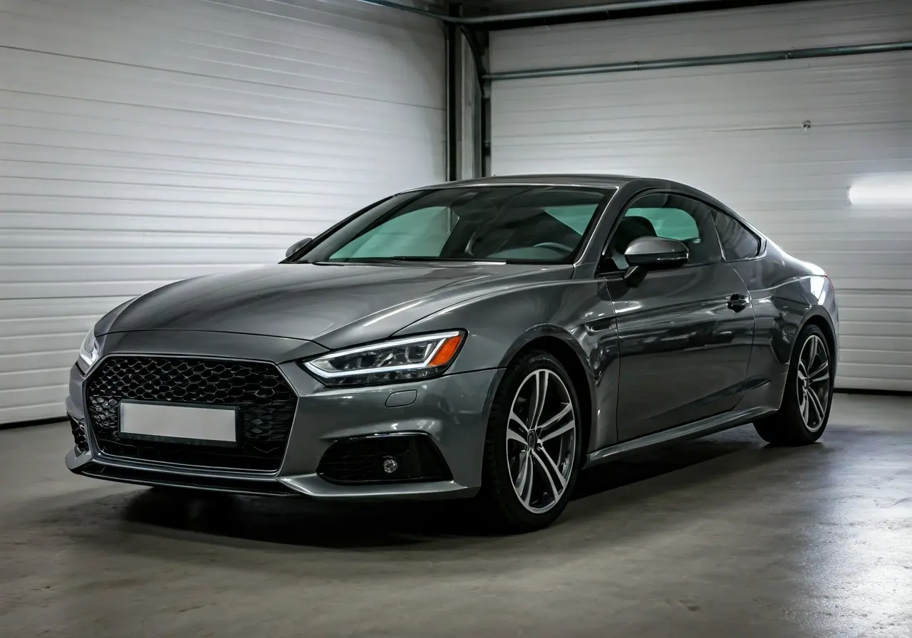 A shiny, well-maintained car parked in a clean garage. 35mm stock photo