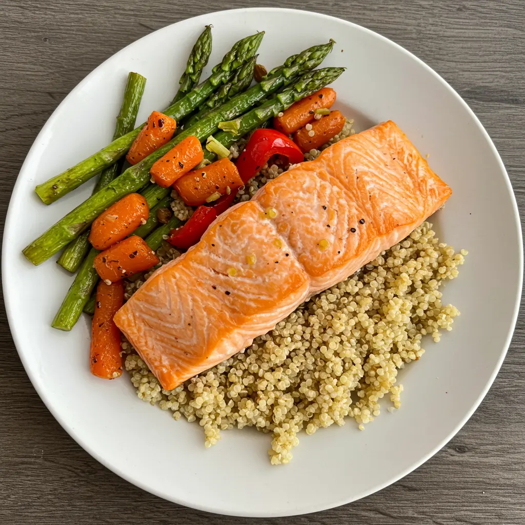 Salmon fillet on quinoa with roasted vegetables.