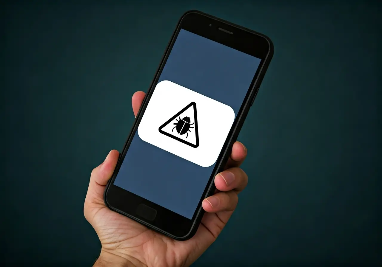 A smartphone displaying a bug icon with a warning sign. 35mm stock photo