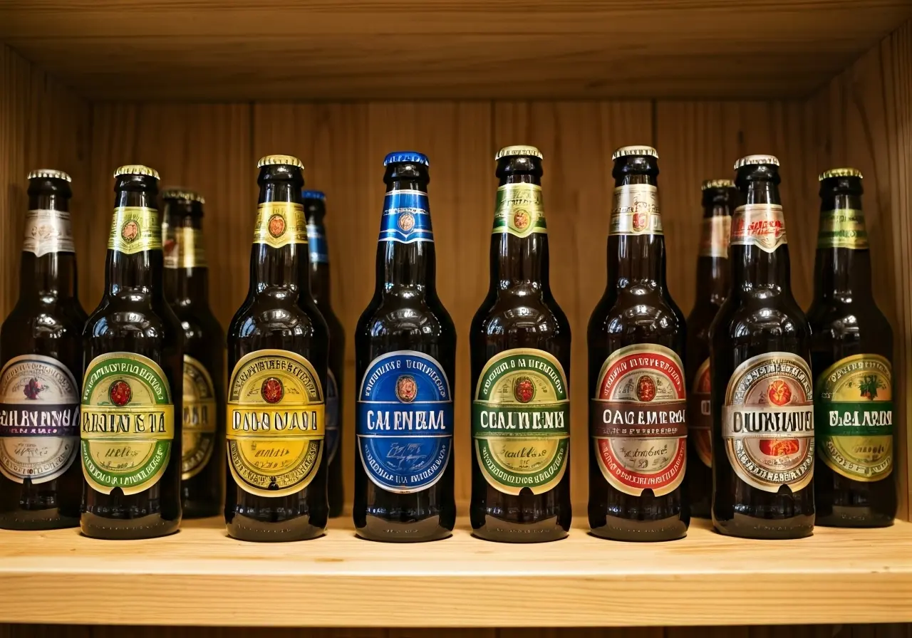 A variety of non-alcoholic beer bottles on a wooden shelf. 35mm stock photo