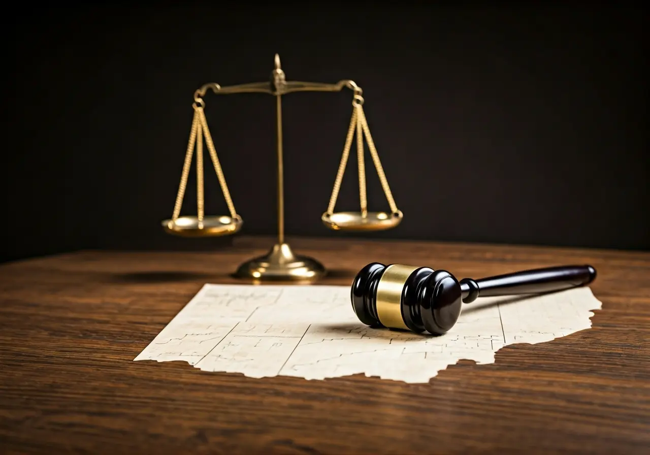 Gavel and scales on a wooden desk with Ohio map. 35mm stock photo