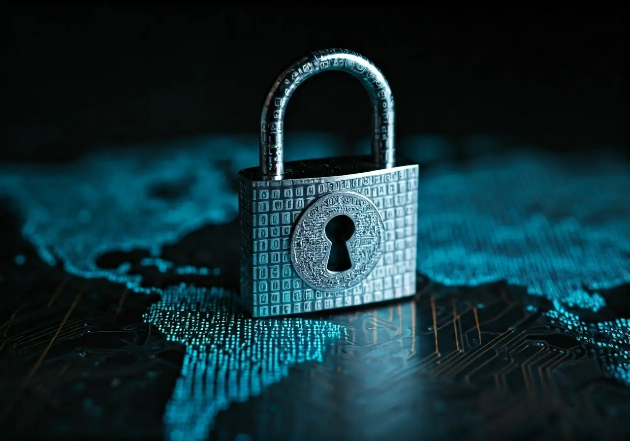 A locked digital padlock on a glowing computer network map. 35mm stock photo