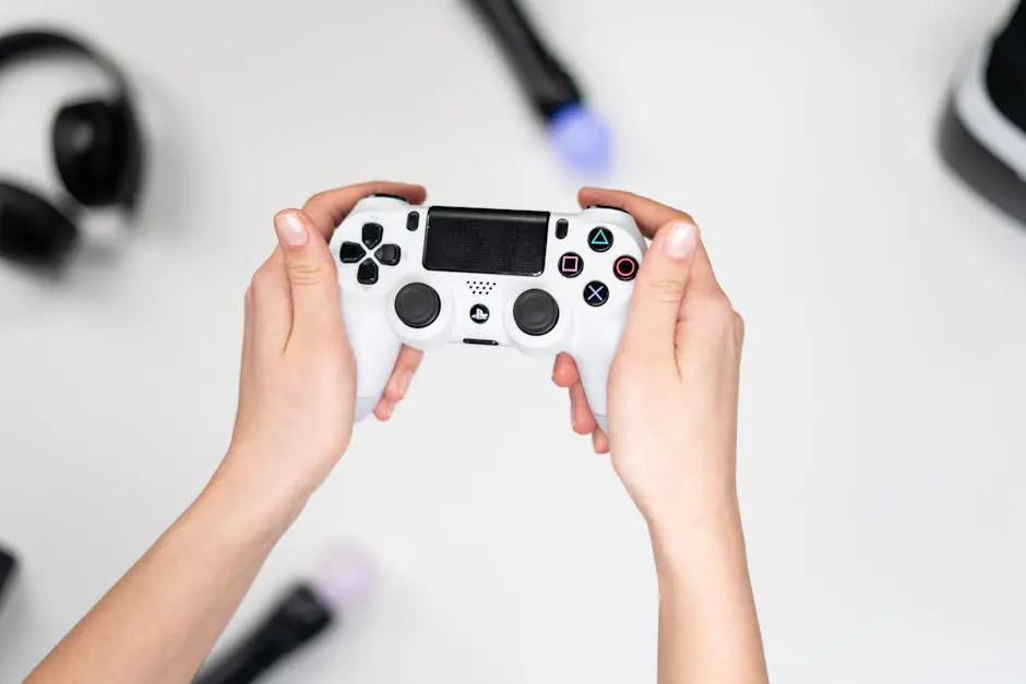 Close-up of hands gripping a white gaming controller on a minimalistic background.