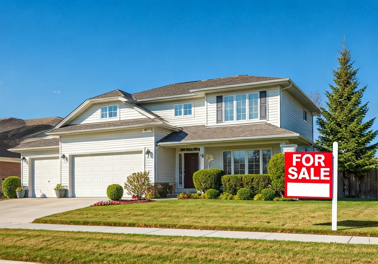 A house with a large For Sale sign outside. 35mm stock photo