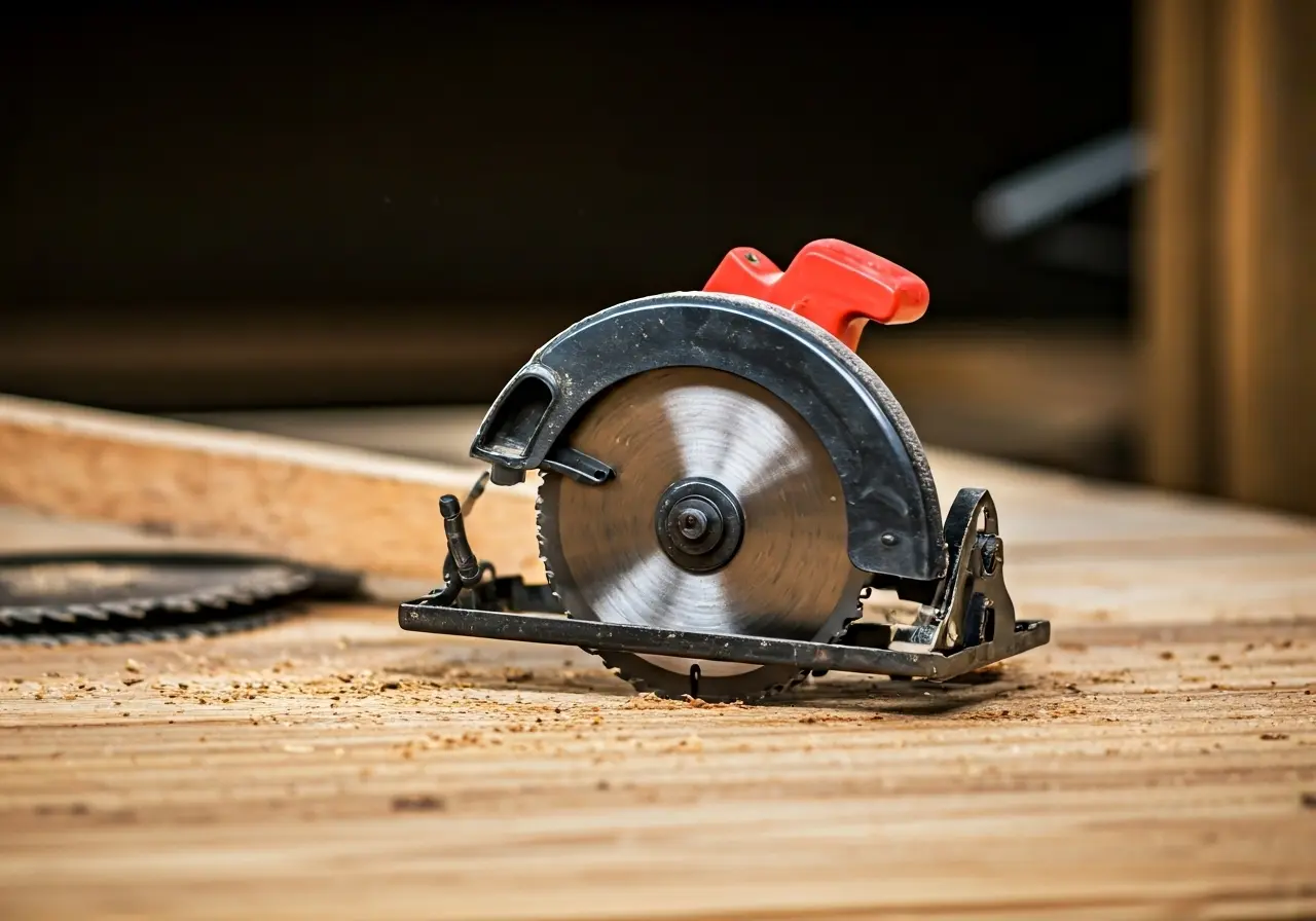 A close-up of sharp circular saw blades on wood. 35mm stock photo