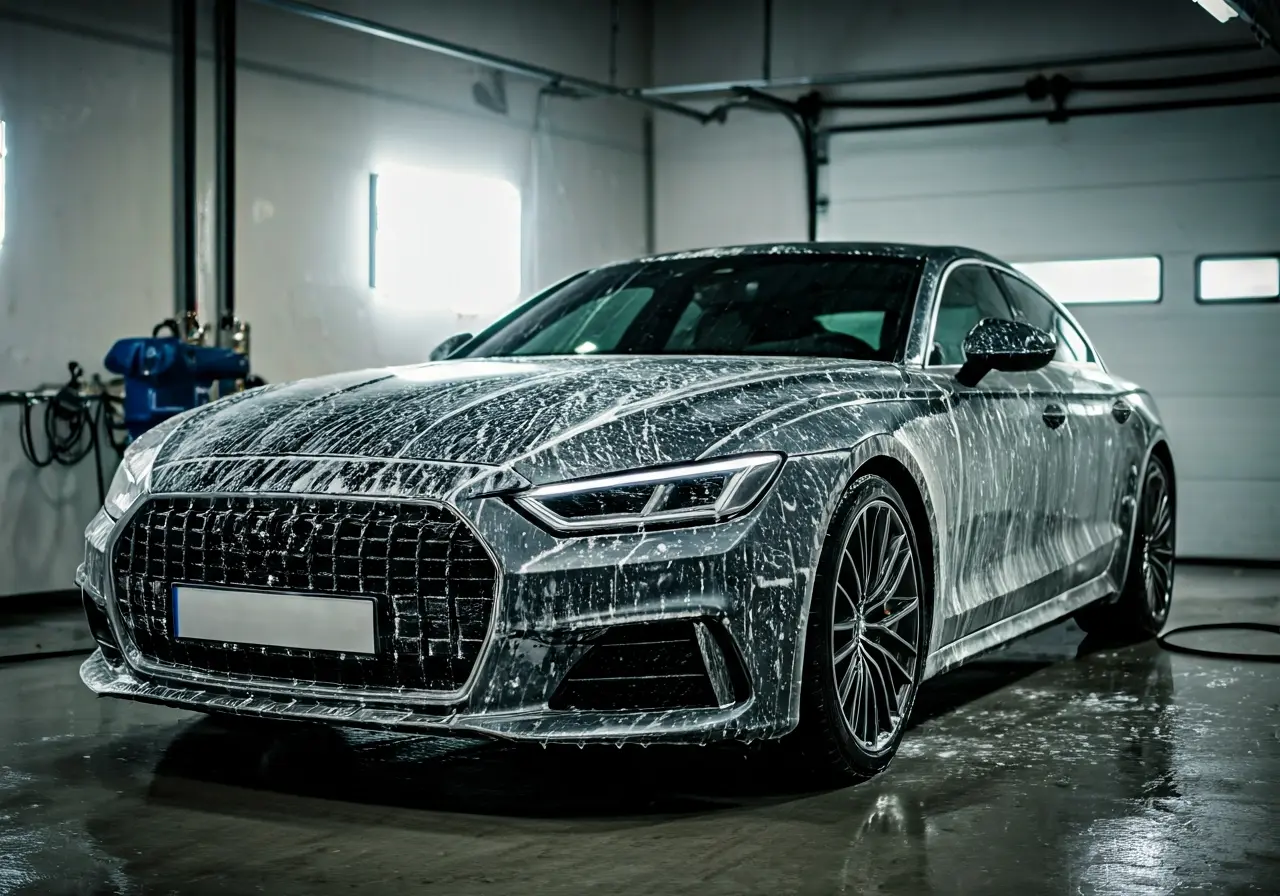 A luxury car being meticulously hand-washed in a garage. 35mm stock photo