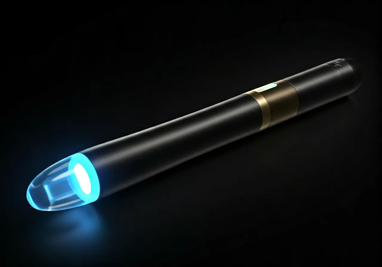 A sleek terahertz wand emitting a gentle blue glow. 35mm stock photo