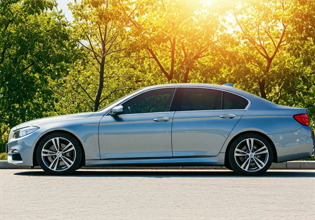 A car parked in a sunny area with tinted windows. 35mm stock photo