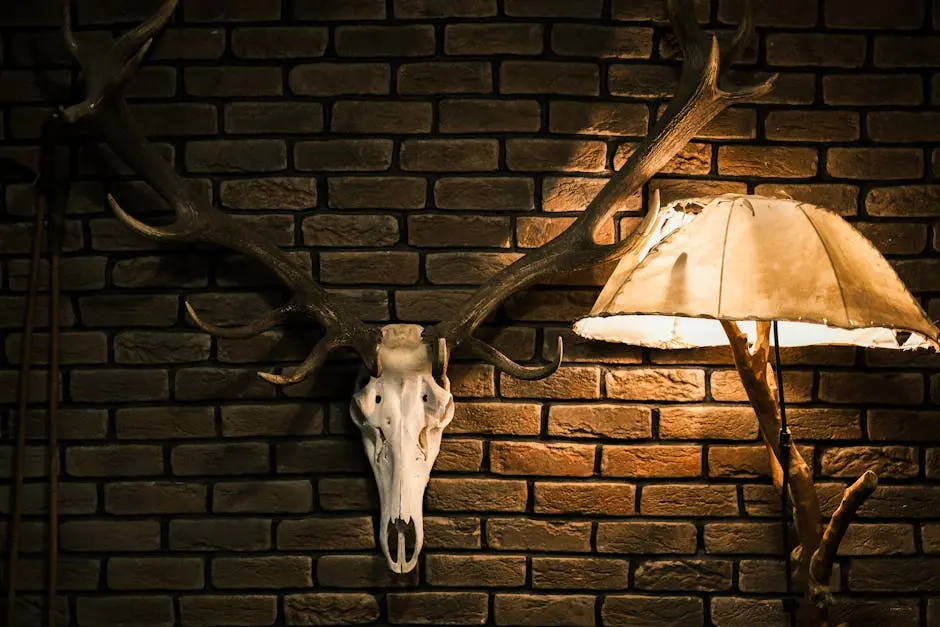 Antler skull on brick wall under warm lamp, rustic indoor decor in Türkiye.