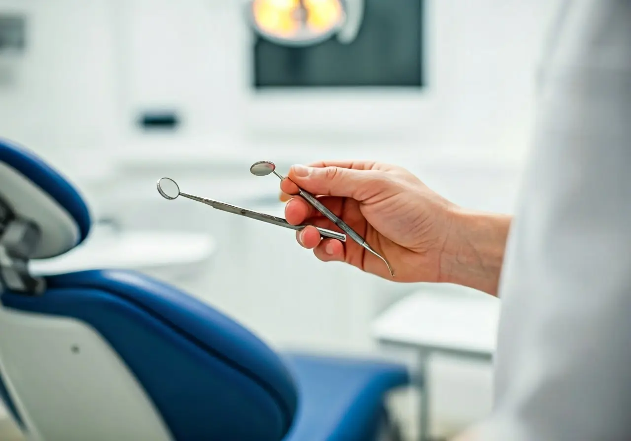 A dentist holding dental tools in a bright, clean office. 35mm stock photo