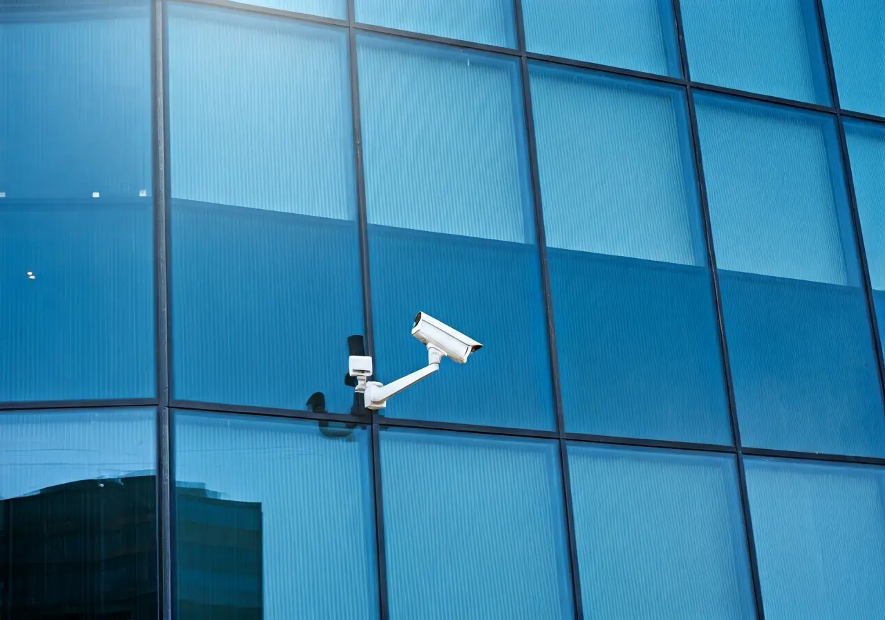 A secure office building with CCTV cameras and alarm systems. 35mm stock photo